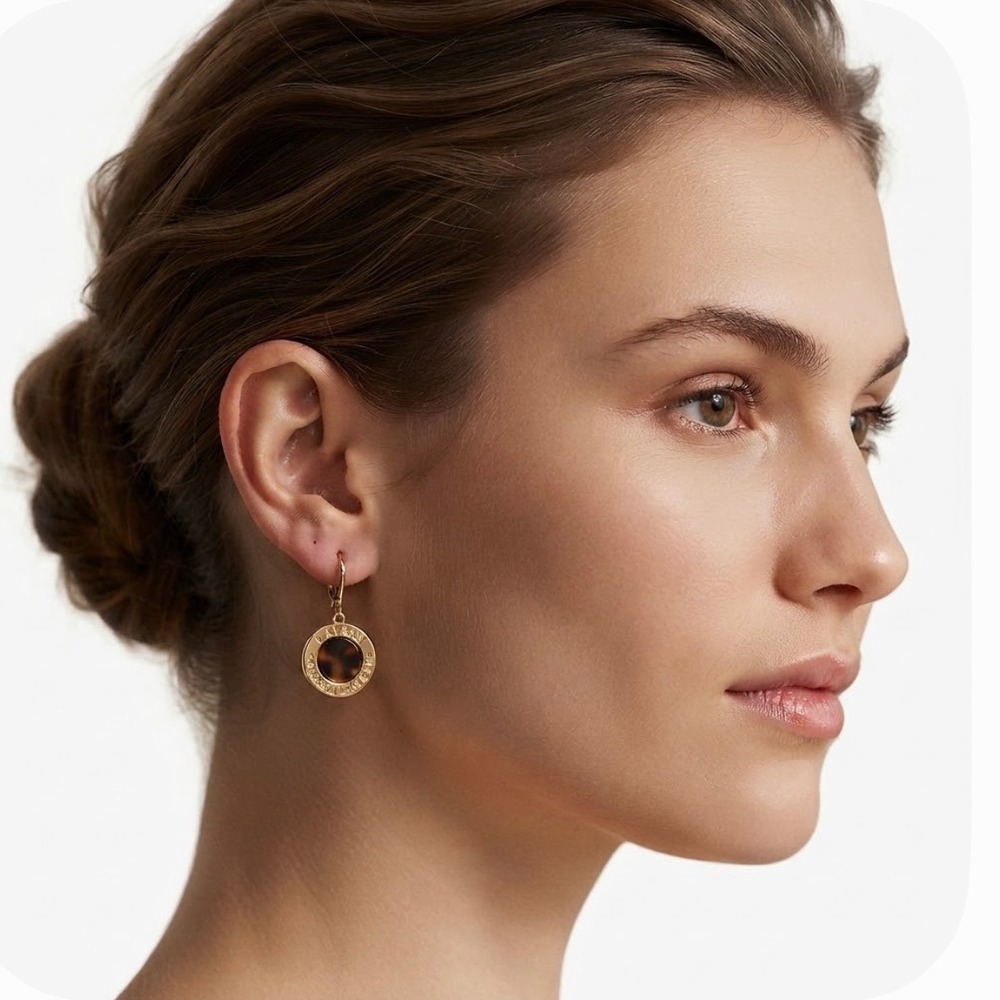 Lauren Ralph Lauren Gold Tone Tortoise Shell Logo Drop Lever Back Earrings New